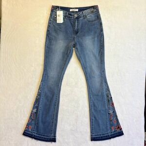 ThCreasa  Blue Denim Flare Jeans Embroidered Floral Bell Bottoms Size XL (28x32)